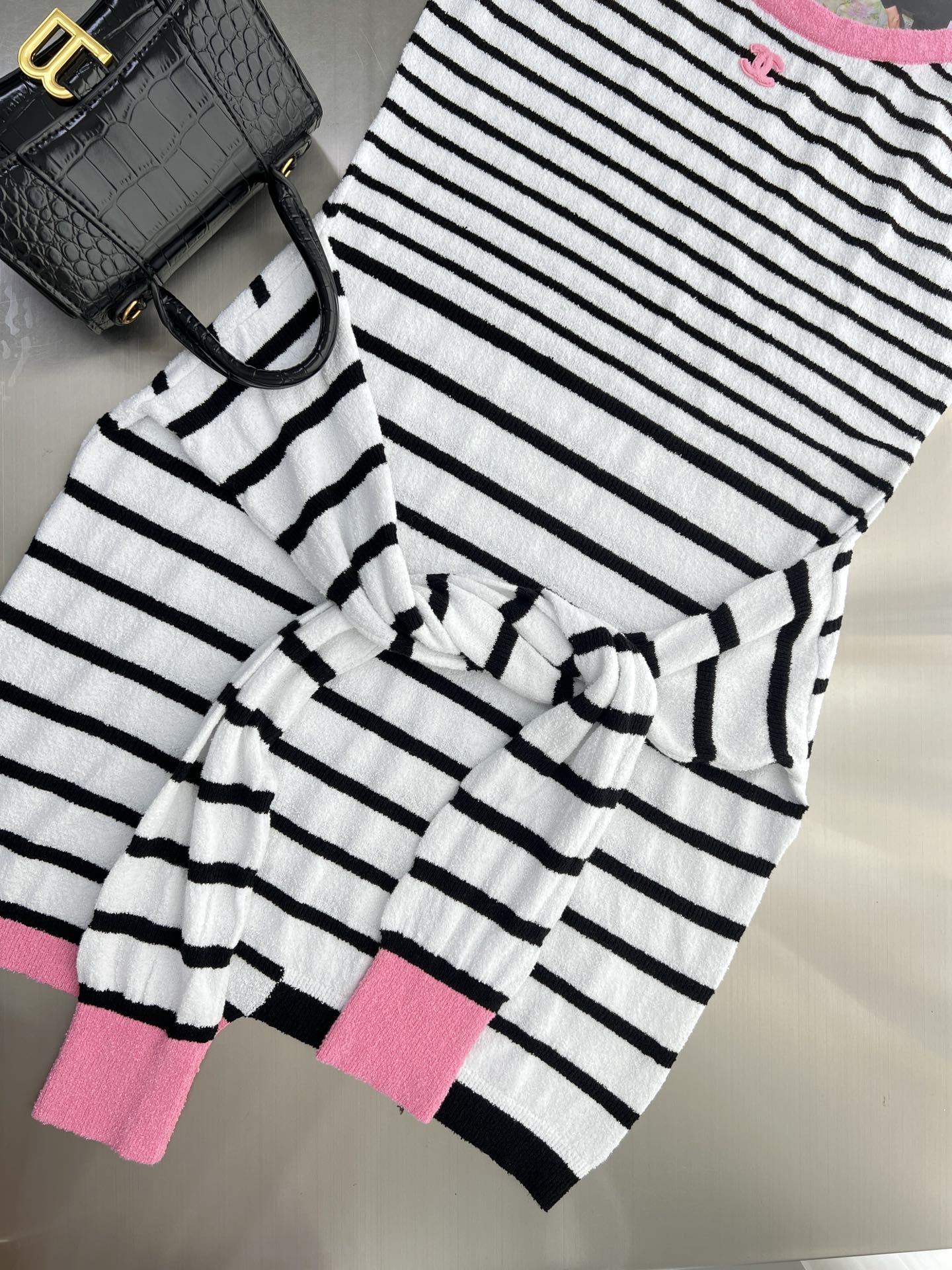 CHNEL pink and black striped color clash dress
