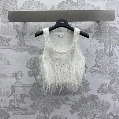 CHANE25SS Rhinestone Feather Knit Vest