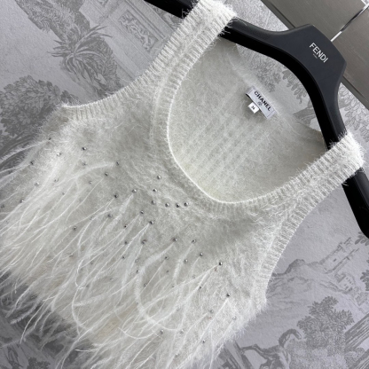 CHANE25SS Rhinestone Feather Knit Vest