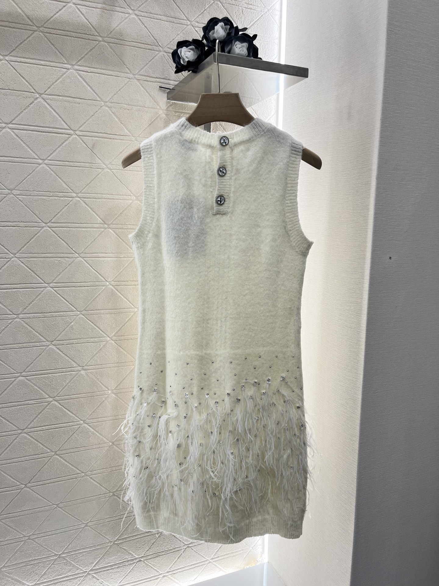 CHANE25SS Rhinestone Feather Knit Vest Dress