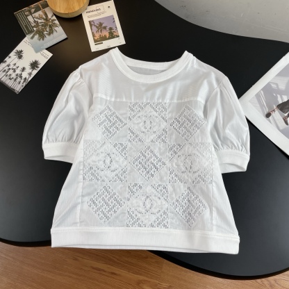 CHANE25SS Cutout Fabric Embroidery Short Sleeve Top