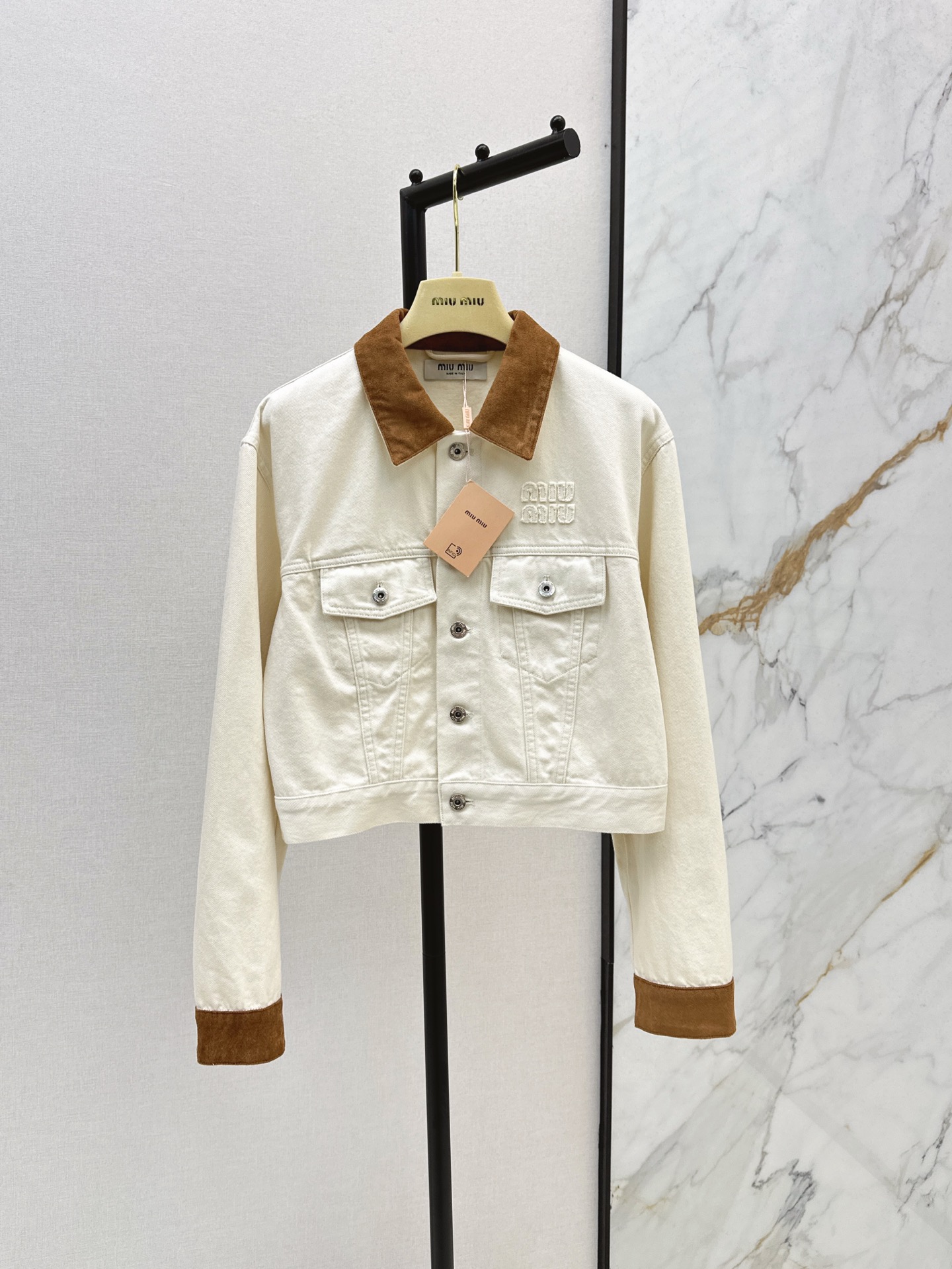 MIU25SS quilted leather trimmed denim jacket