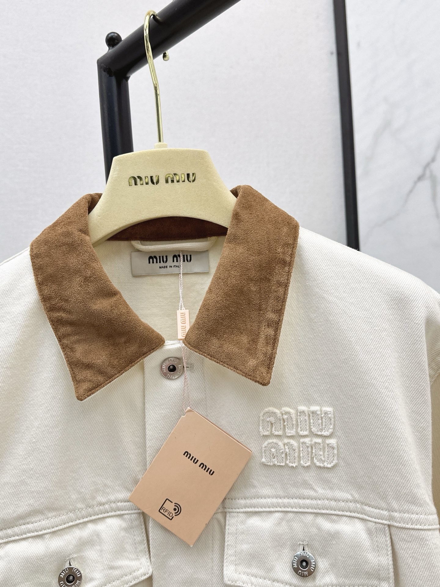 MIU25SS quilted leather trimmed denim jacket