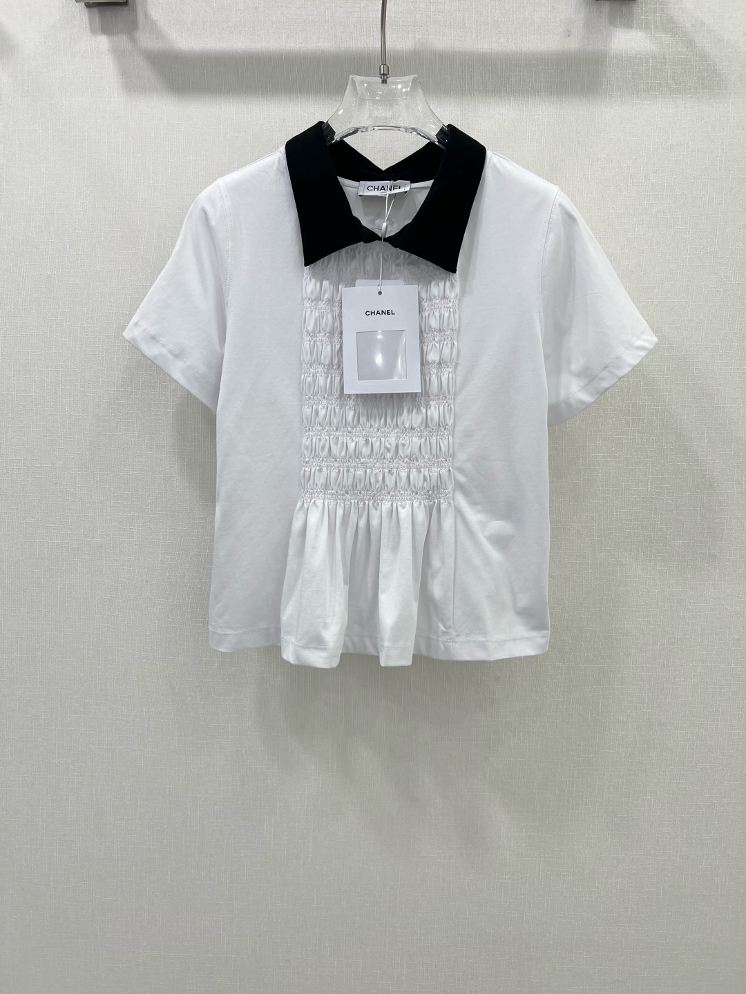 CHANE25SS Double C Pleated Embroidered Logo Cotton Short Sleeve