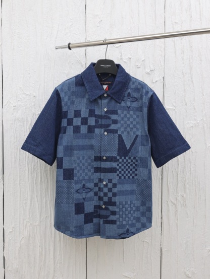 1V Color blocked checkered denim short sleeved shirt
