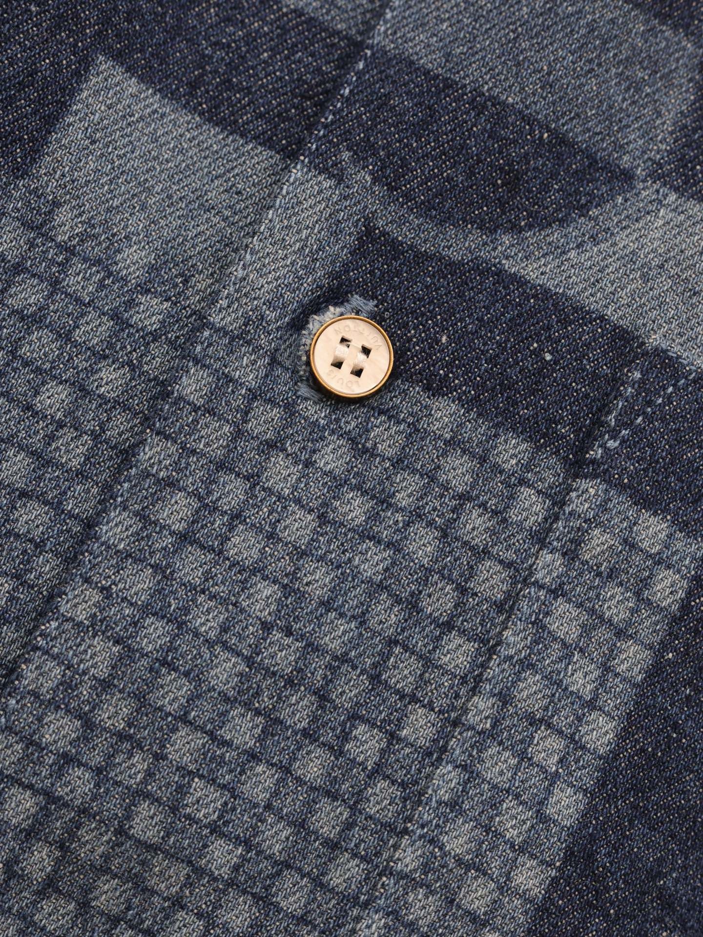 1V Color blocked checkered denim short sleeved shirt