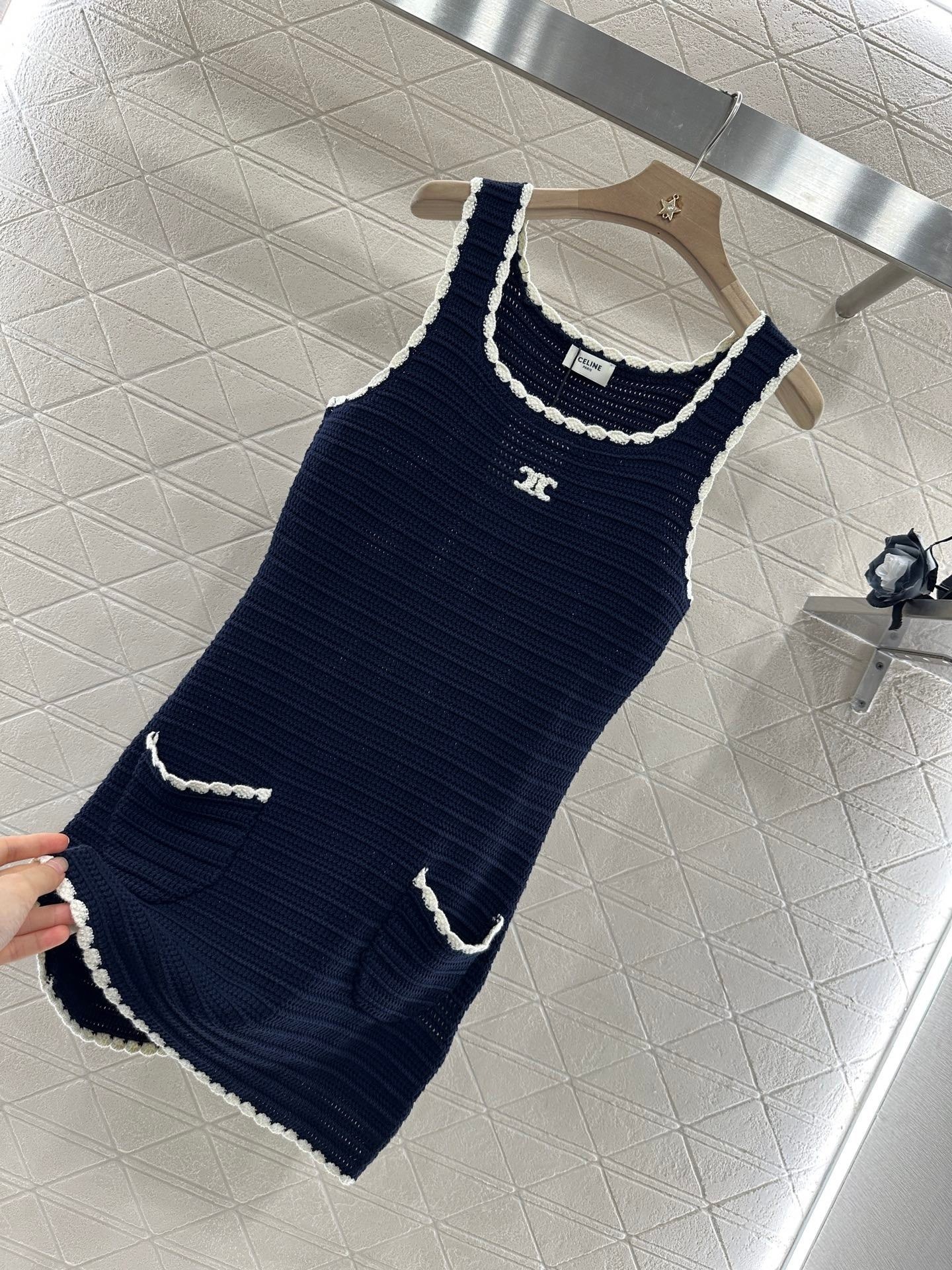 CLIN 25SS Hawaii Vacation Hollow Hook Flower Triumphal Arch Knitted Strap Dress