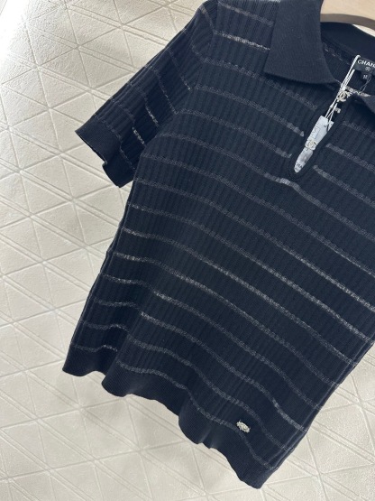 CHAN 25SS Hollow striped knitted short sleeved shirt