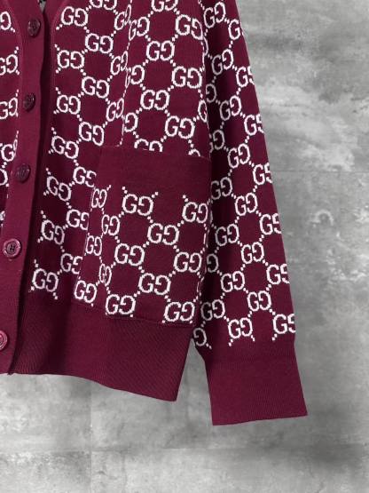 GG 25SS Wine red full printed logo knitted cardigan