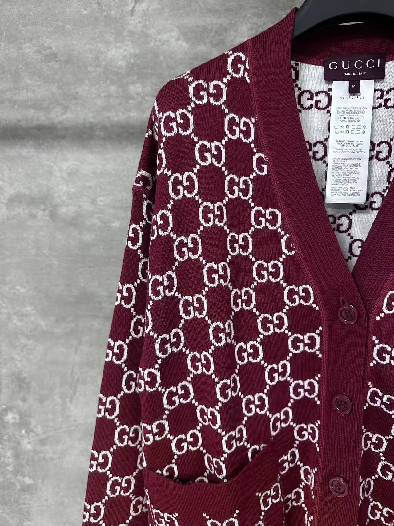 GG 25SS Wine red full printed logo knitted cardigan
