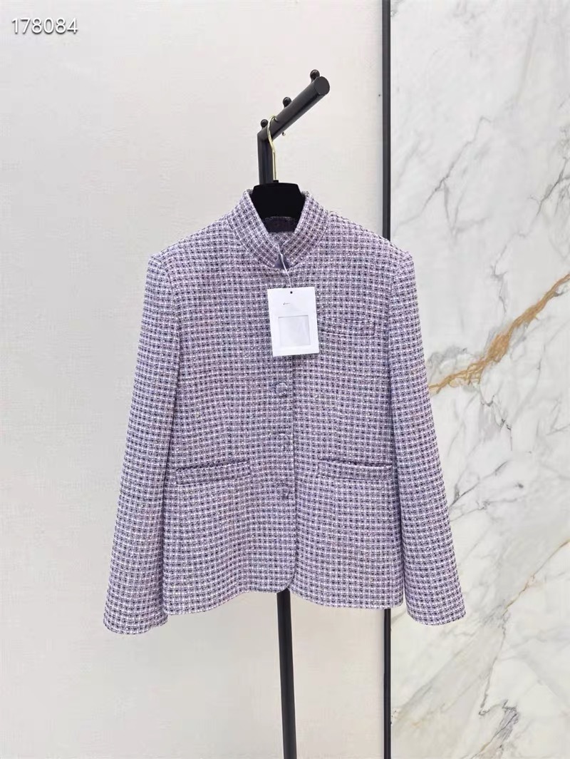 CHAN 25SS Spring and summer new retro woven plaid sequin coarse tweed stand up collar slim fit single breasted versatile short jacket