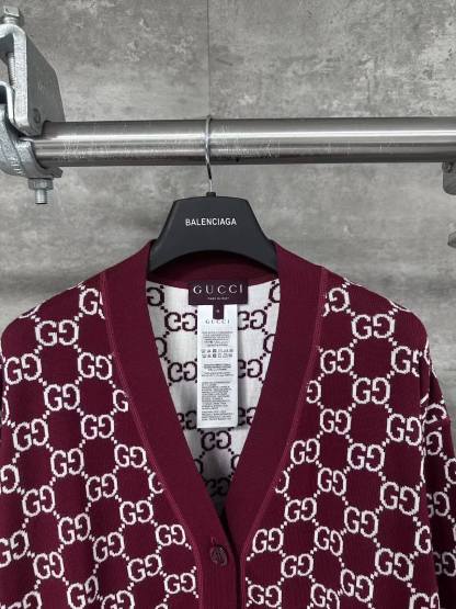 GG 25SS Wine red full printed logo knitted cardigan