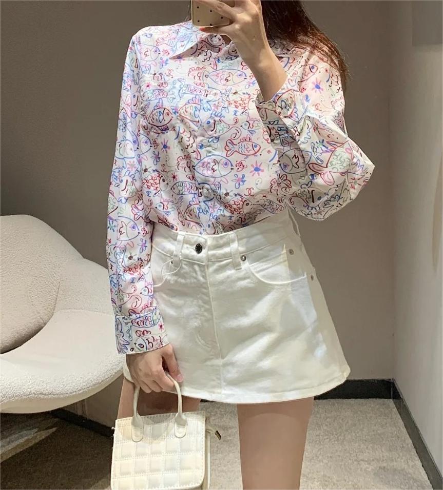 CHANE25SS Fish Graffiti Print Long Sleeve Shirt