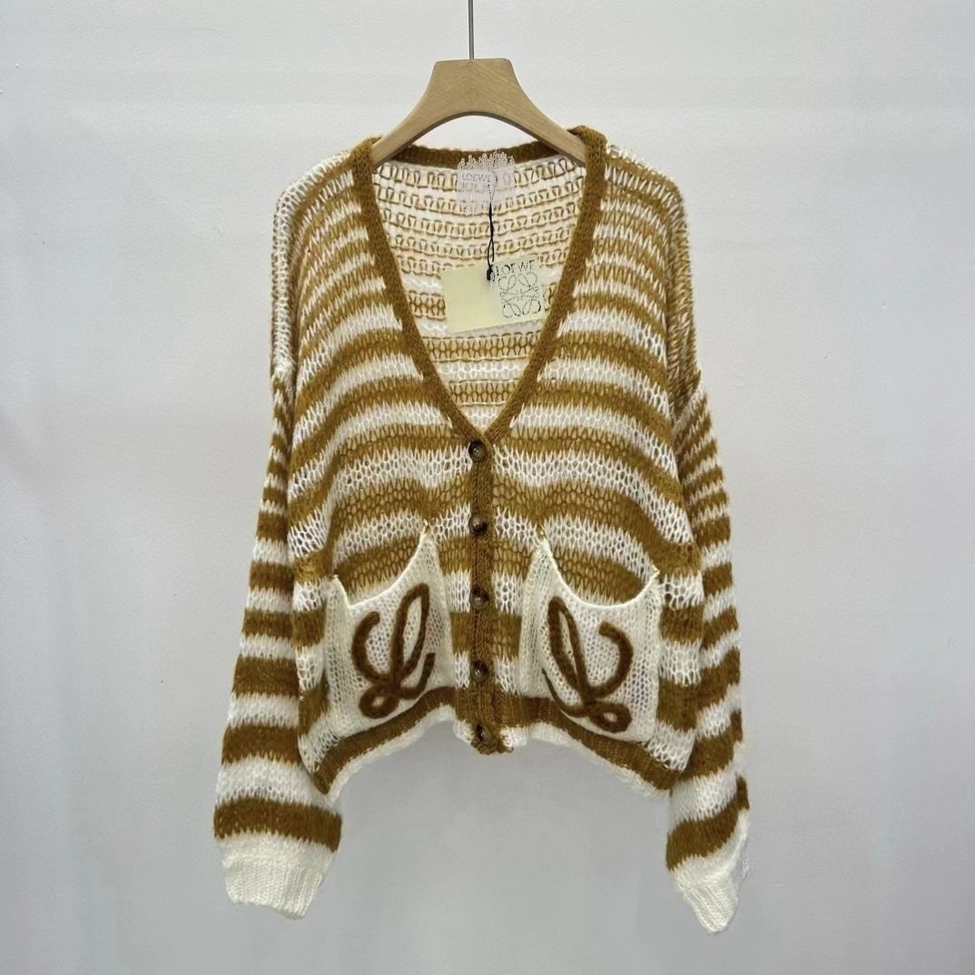 Striped hollow-out knitted cardigan