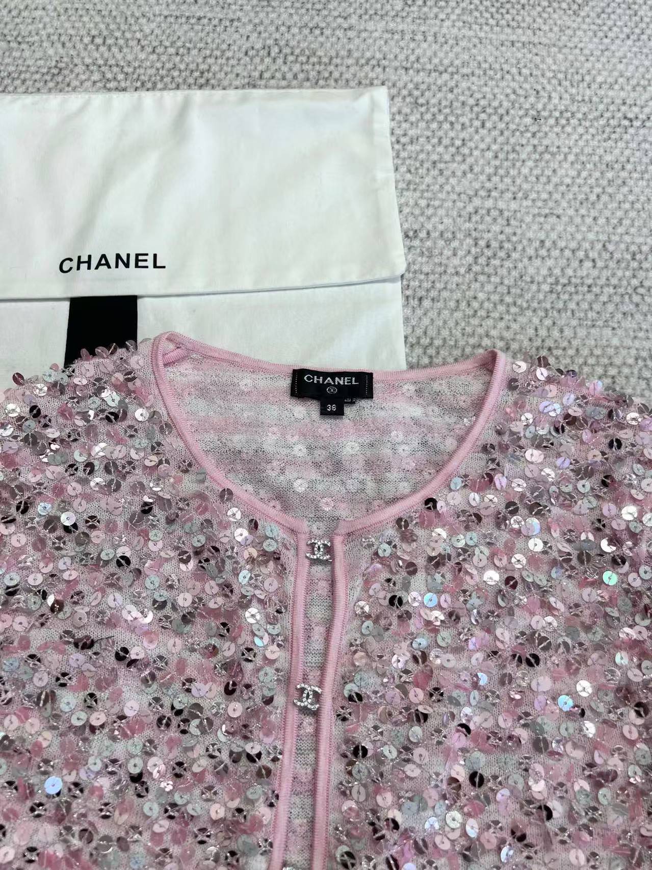 CHNEL Pink Diamond Button Sequin Cardigan