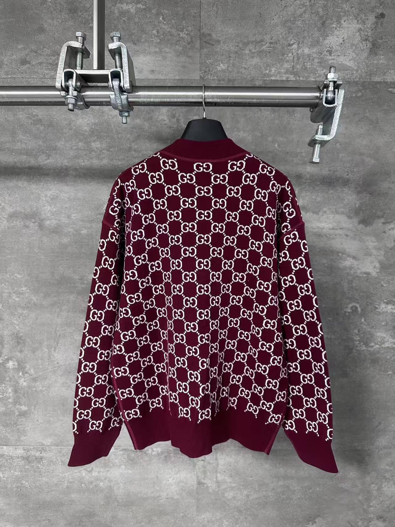 GG 25SS Wine red full printed logo knitted cardigan