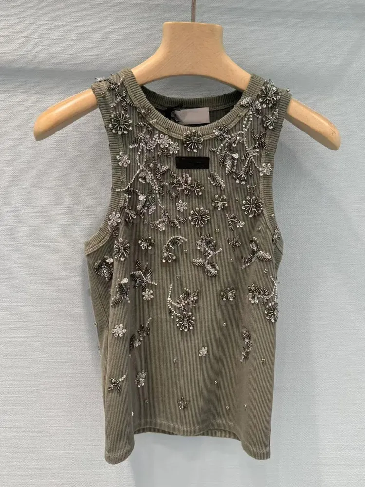 MIU25SS diamond-encrusted dark green sleeveless undershirt