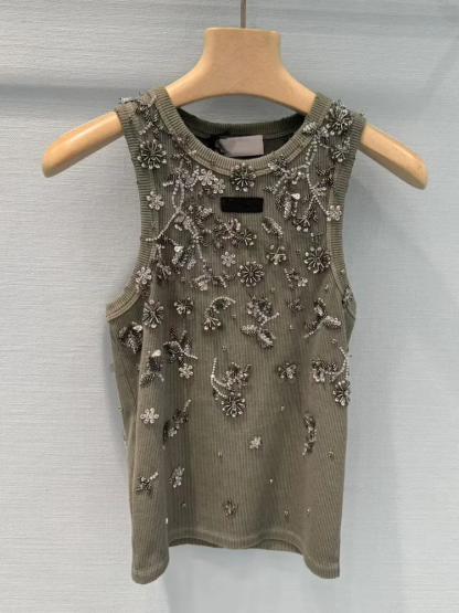 MIU25SS diamond-encrusted dark green sleeveless undershirt