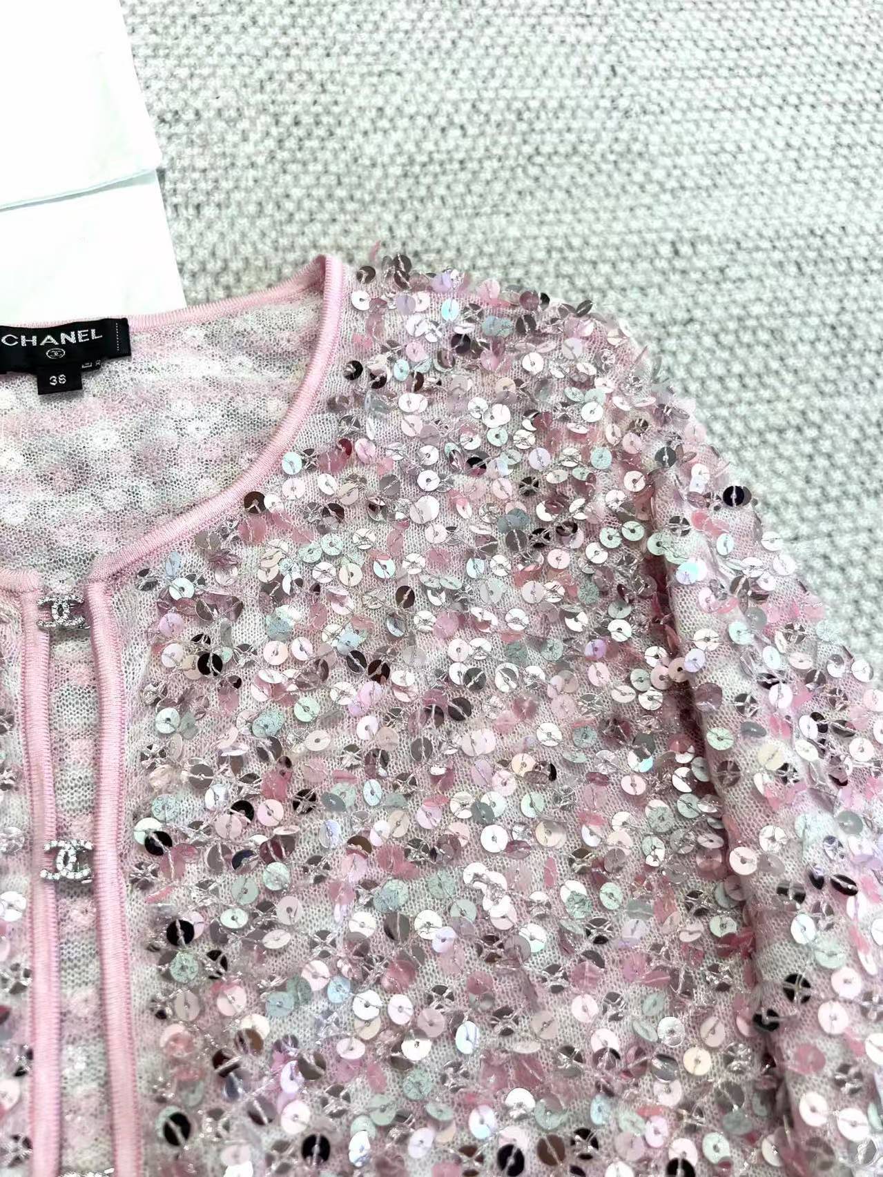 CHNEL Pink Diamond Button Sequin Cardigan