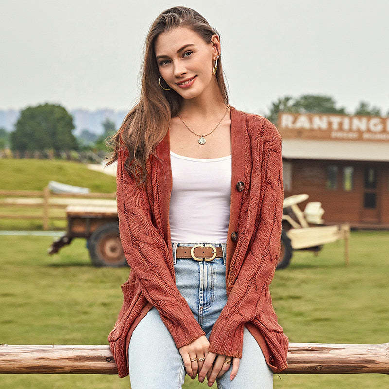 Women's Fall Casual Long Sleeve Button Down Open Front Cable Knit Cardigan Sweater Coat