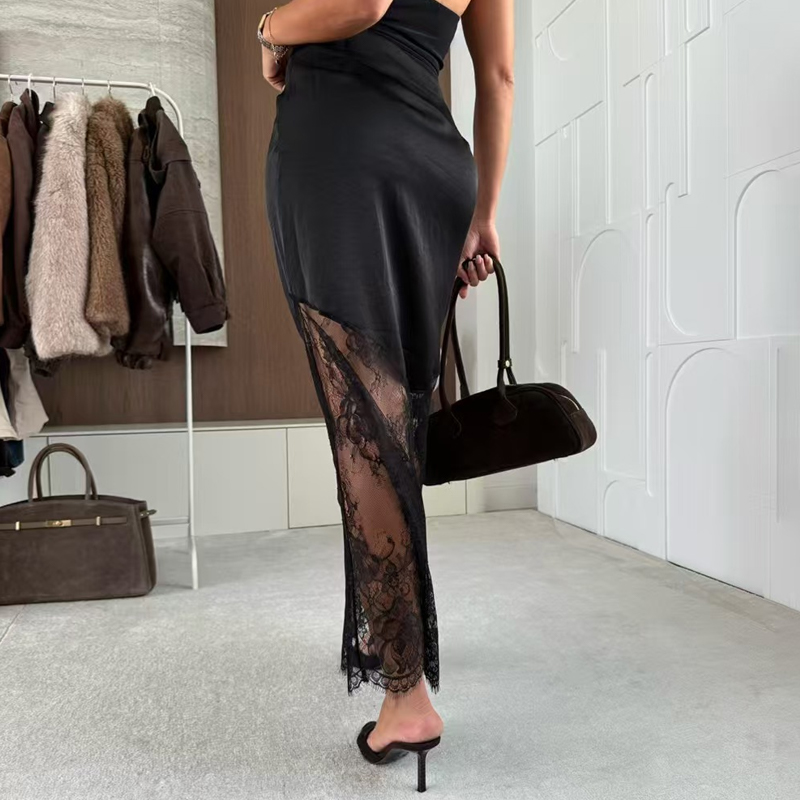 Women's Elegant Lace Panel Long Skirt