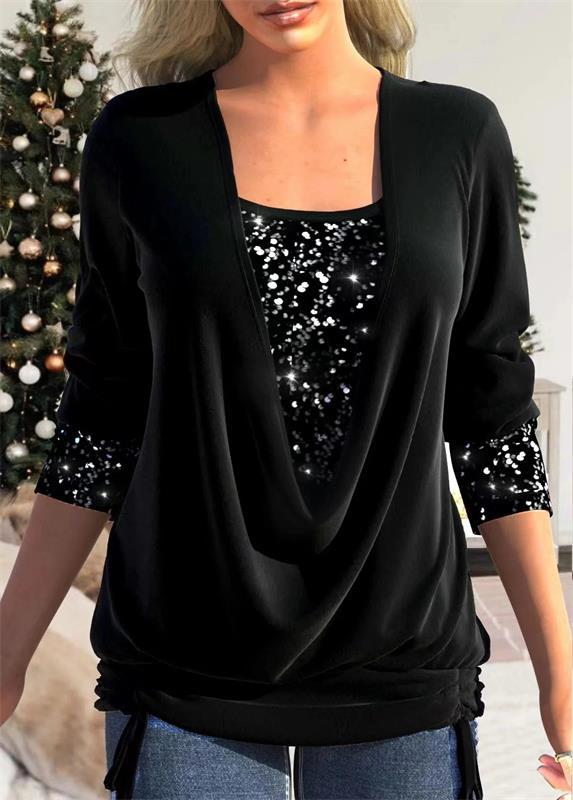 🎁Last Day Sale 50% OFF🎄Sequin Loose Smocked Fake Two-Piece Top