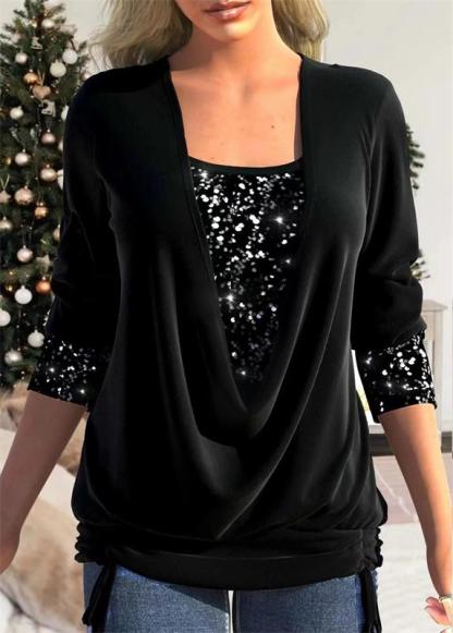 🎁Last Day Sale 50% OFF🎄Sequin Loose Smocked Fake Two-Piece Top