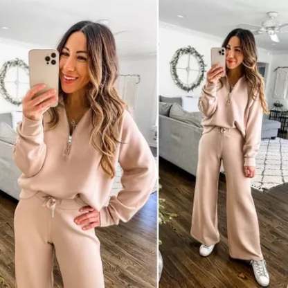 🔥Limited Time Sale🔥Women's Oversized Half Zip Wide Leg 2 Piece Outfits Lounge Set
