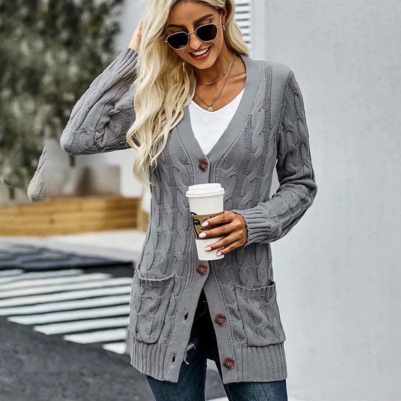 Women's Fall Casual Long Sleeve Button Down Open Front Cable Knit Cardigan Sweater Coat