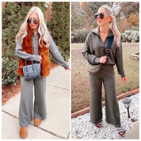 🔥Limited Time Sale🔥Women's Oversized Half Zip Wide Leg 2 Piece Outfits Lounge Set