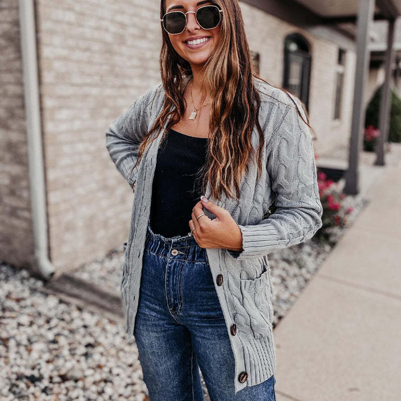 Women's Fall Casual Long Sleeve Button Down Open Front Cable Knit Cardigan Sweater Coat