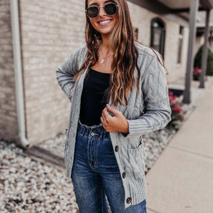 Women's Fall Casual Long Sleeve Button Down Open Front Cable Knit Cardigan Sweater Coat