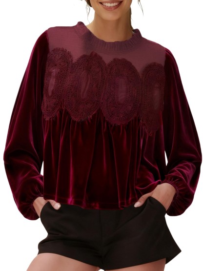 ✨Women's Long Sleeve Velvet Trim Lace Blouse Elegant Flared Swing Top