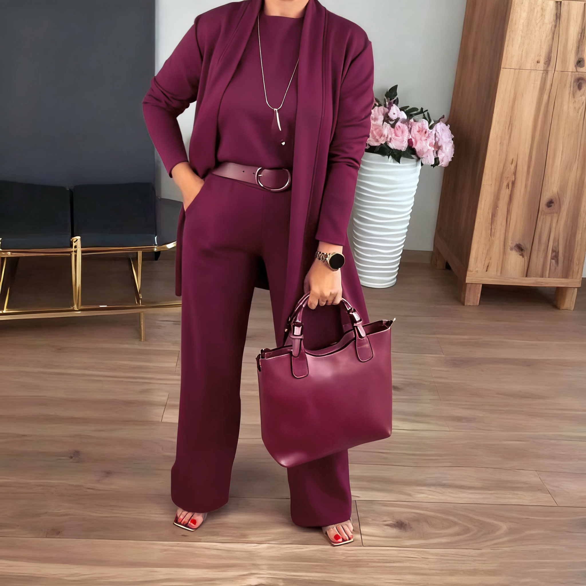 🍂Autumn New Arrivals - 70% Off💥Elegant Longline Cardigan & Top & Pants 3-Pieces Set