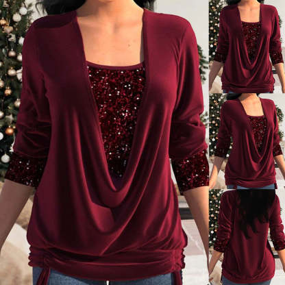 🎁Last Day Sale 50% OFF🎄Sequin Loose Smocked Fake Two-Piece Top