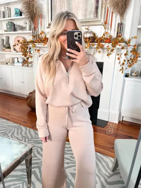🔥Limited Time Sale🔥Women's Oversized Half Zip Wide Leg 2 Piece Outfits Lounge Set