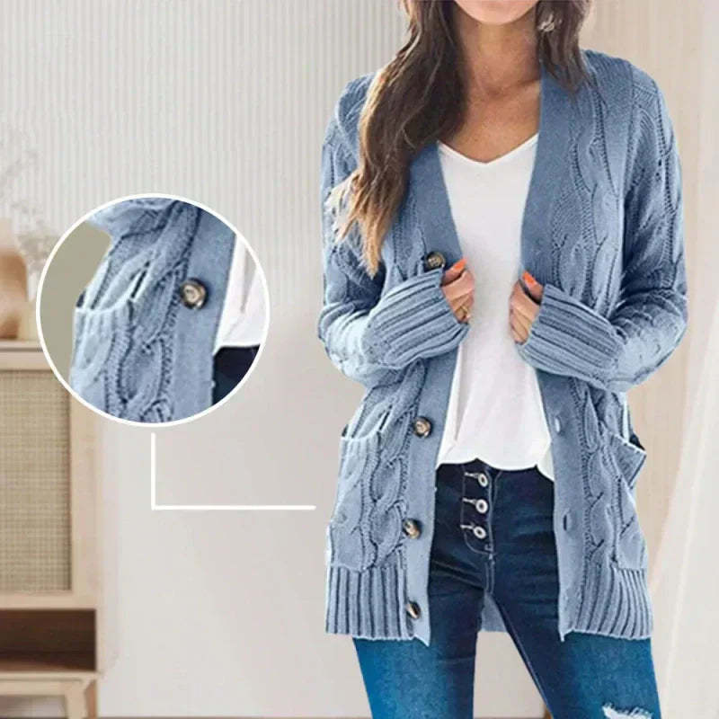 Women's Fall Casual Long Sleeve Button Down Open Front Cable Knit Cardigan Sweater Coat