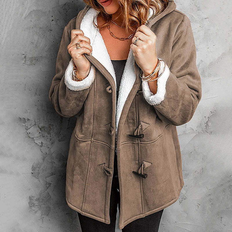 Women's Hooded Suede Coat with Plush Lining