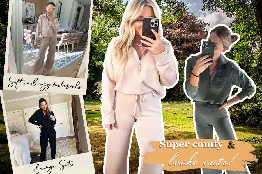 🔥Limited Time Sale🔥Women's Oversized Half Zip Wide Leg 2 Piece Outfits Lounge Set