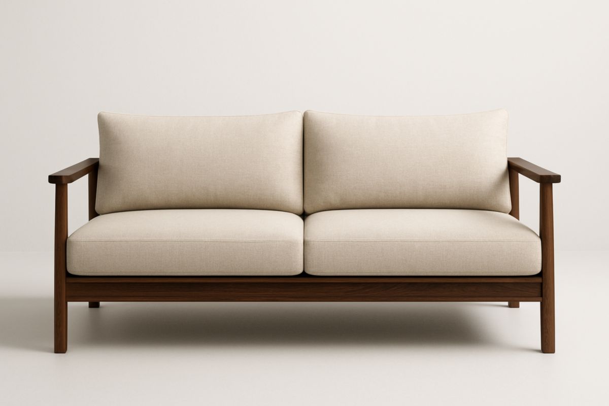 Twee-zitsbank massief hout structuur polyester stof beige 140cm-Cosyeterna