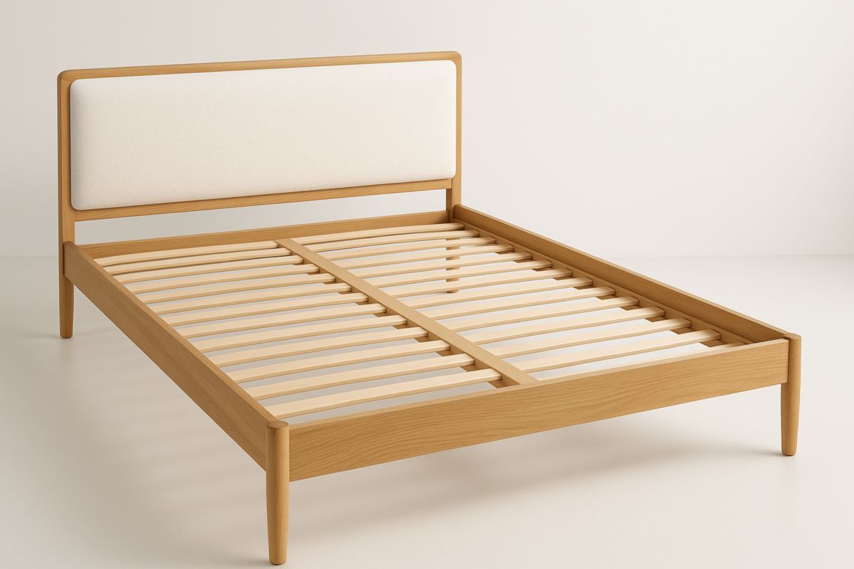 Eiken Tweepersoonsbedframe 140x200 cm Met Beklede Hoofdbord Naturel/Wit-Cosyeterna