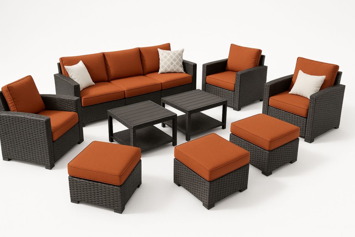 9-delige Tuinmeubel Set met Rieten Sofa en Stoelen Rotan/Oranje Polyester Kussens-Cosyeterna