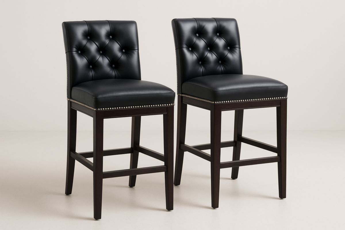 Set van 2 barkrukken met rugleuning zwart PU-leer en donker houten frame-Cosyeterna