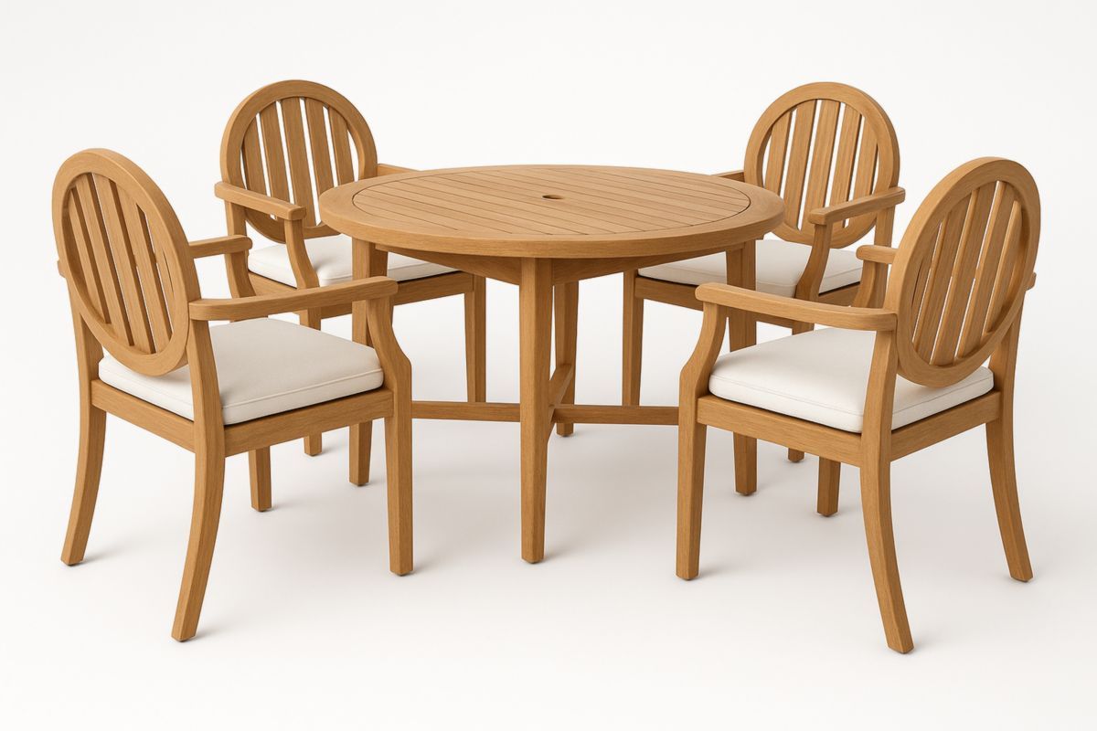 Ronde teakhouten eettafel en stoelen set met polyester kussens-Cosyeterna