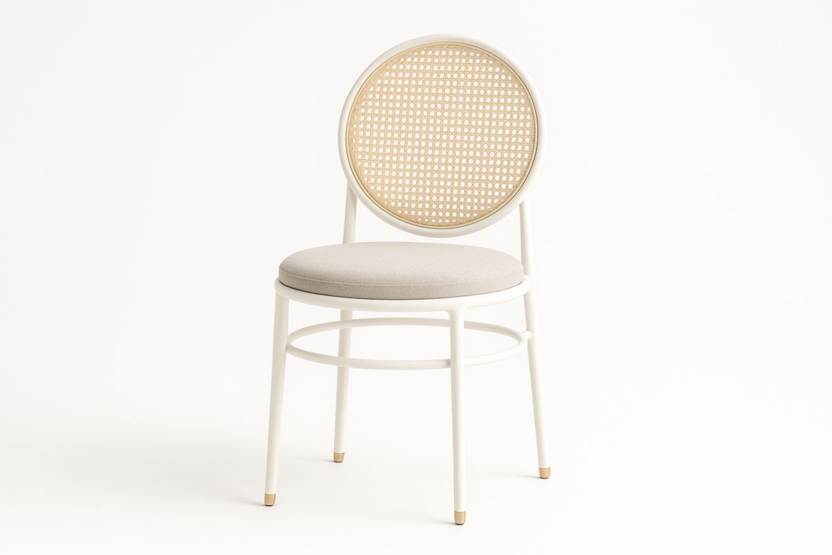 Ronde eetkamerstoel met stalen frame en rotan rugleuning in wit/beige-Cosyeterna