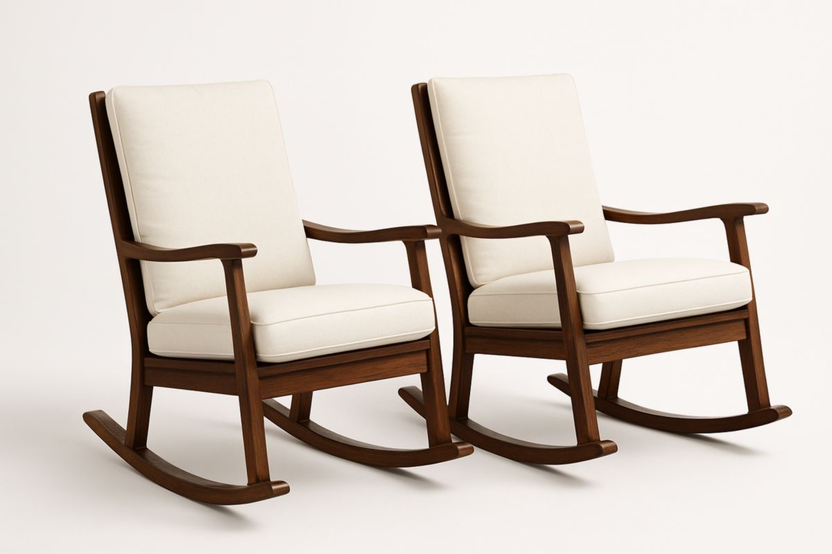 Houten Schommelstoel Set van 2 Met Beukenkader en Katoenen Kussens Crème-Cosyeterna