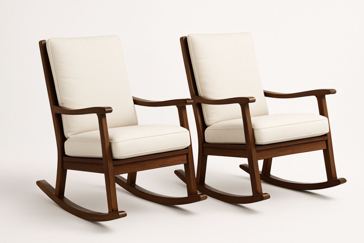 Houten Schommelstoel Set van 2 Met Beukenkader en Katoenen Kussens Crème-Cosyeterna