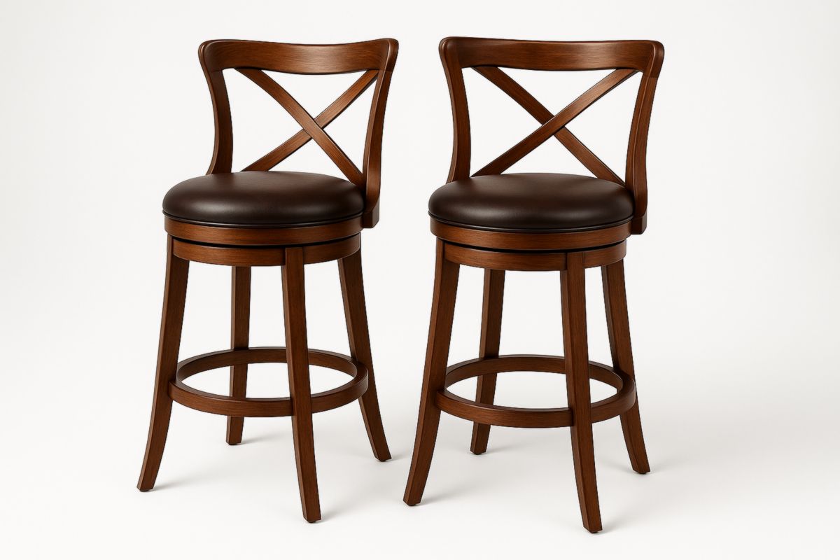 Set van 2 houten barkrukken met PU leer zitting bruin-Cosyeterna