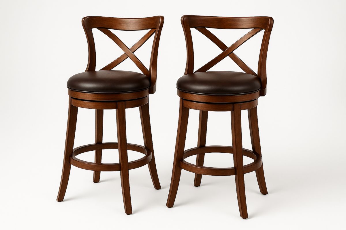 Set van 2 houten barkrukken met PU leer zitting bruin-Cosyeterna