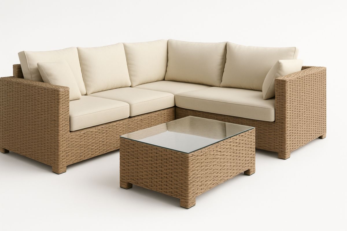 L-vormige loungeset rotan beige kussens gehard glas tafelblad-Cosyeterna